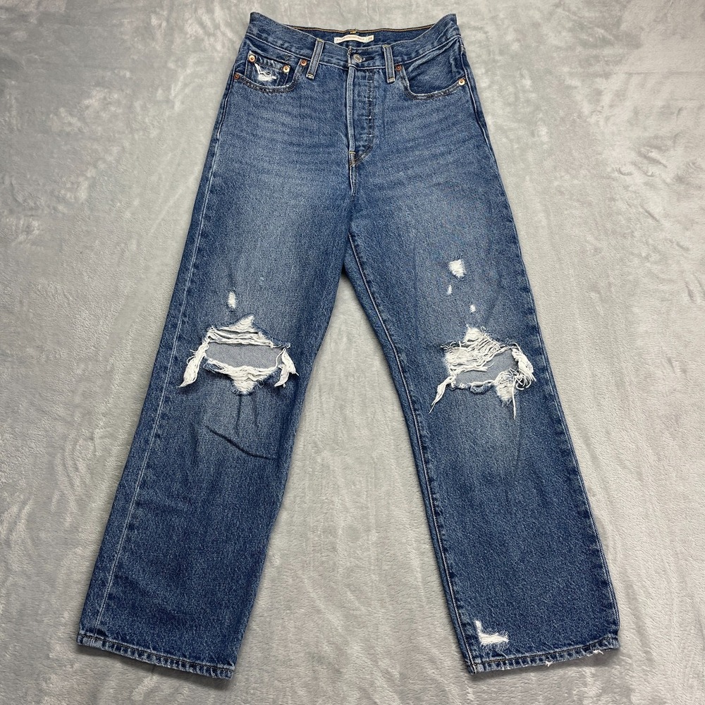 Levi's Jeans Womens 26 (27x27) Blue Denim Distressed Ribcage Straight Ankle Leg